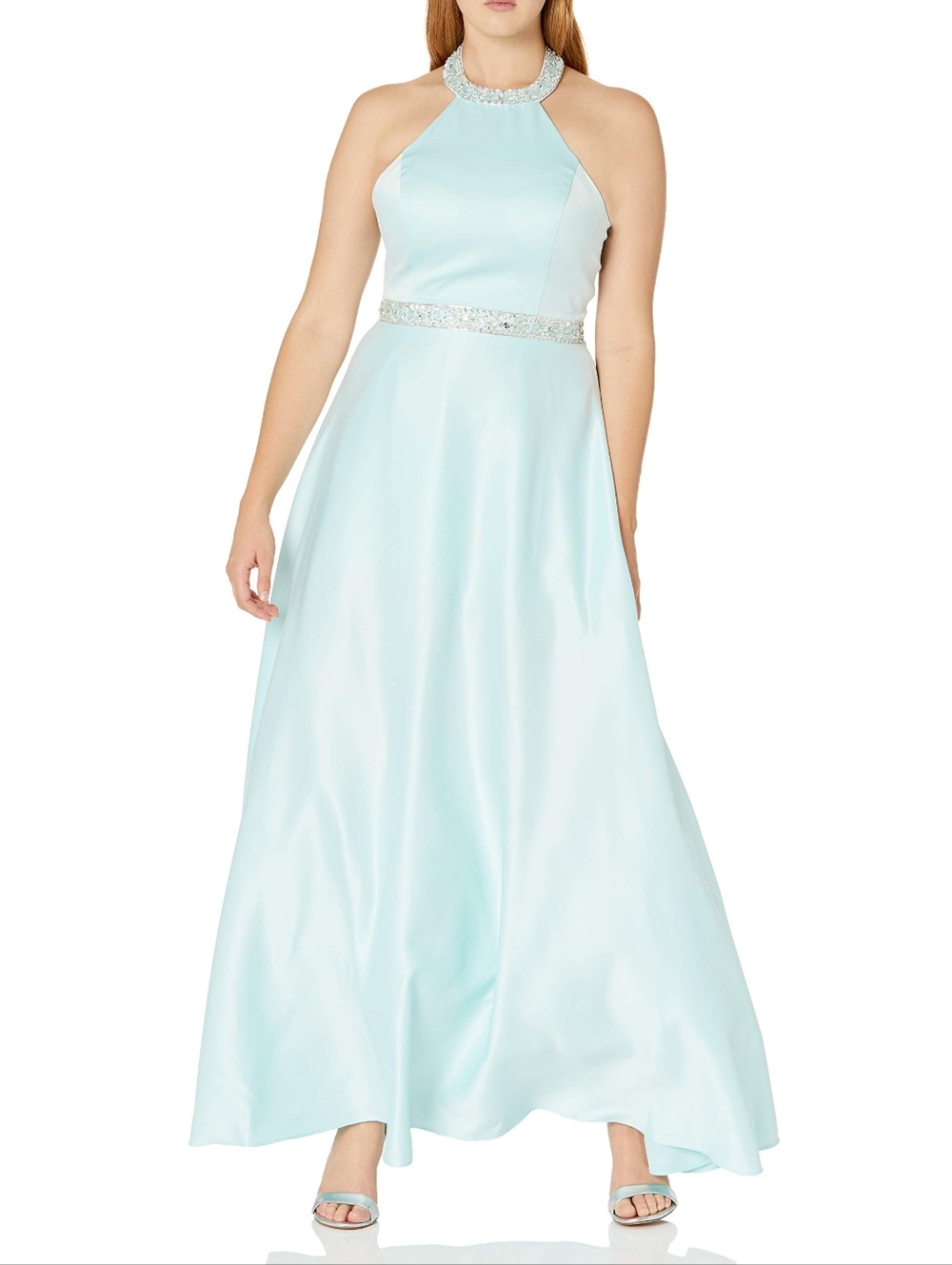 Sz 12 NWT (IRR) Cachet 60991 Mint Blue Halter Gown w Crystal/Beaded Belt/Neck